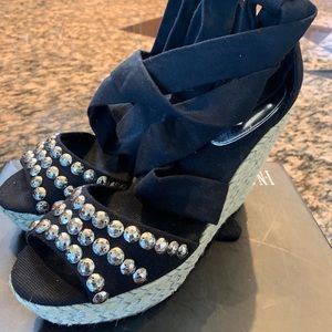 Black INC tie up Espadrille Wedge with studs